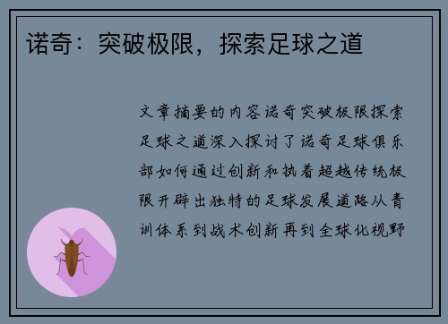 诺奇：突破极限，探索足球之道