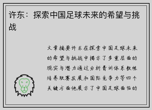 许东：探索中国足球未来的希望与挑战