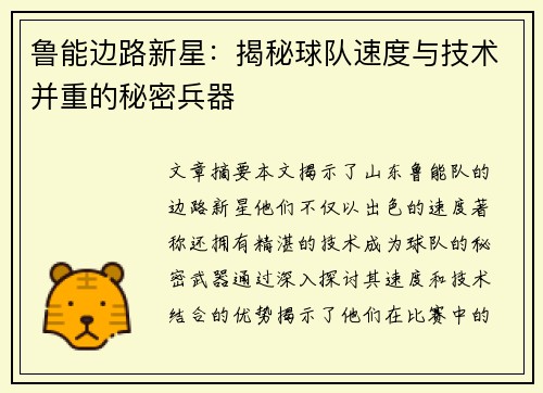 鲁能边路新星：揭秘球队速度与技术并重的秘密兵器